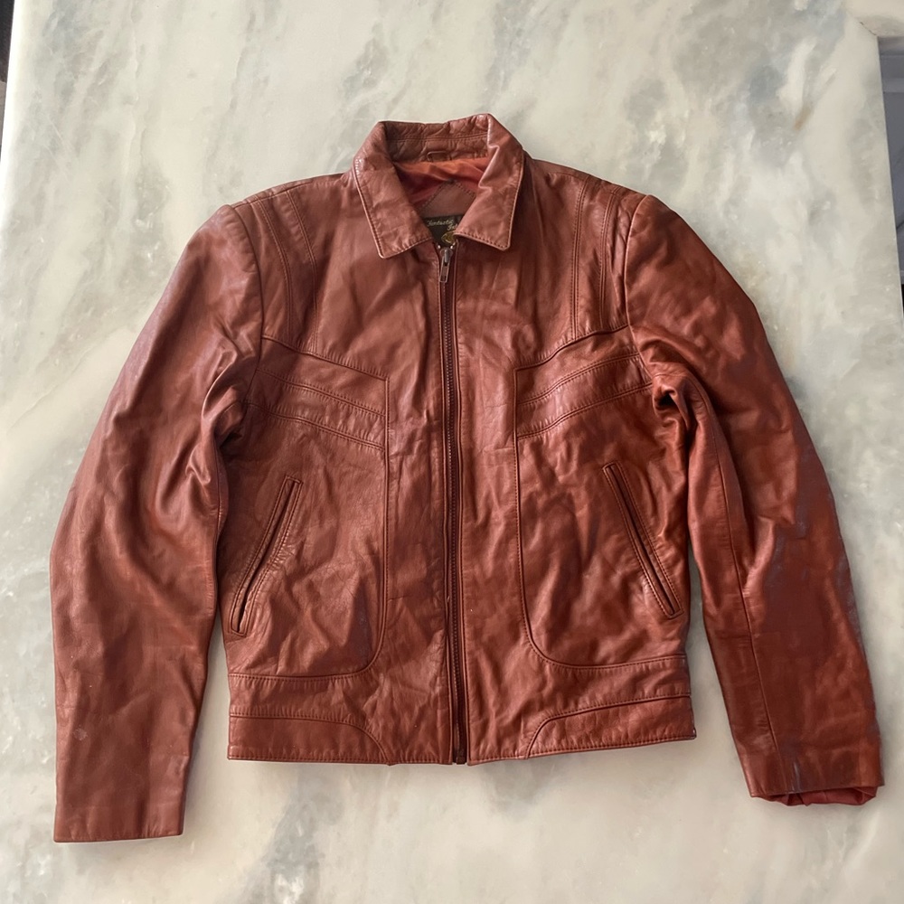 70's Vintage Fantastic International 100% Leather Camel Brown Pilot Jacket